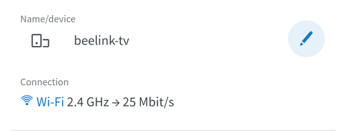 Router UI showing the device beelink-tv connected via 2.4GHz Wi-fi, with a 25Mbit/s bitrate