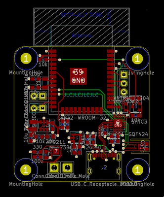 View of PCB layout in KiCad - ESP32 is in the centre.