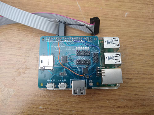 Picture of assembled shield PCB on top of a Raspberry Pi 2