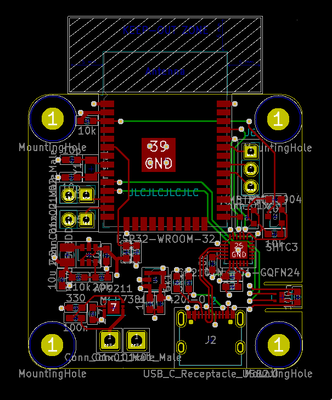 View of PCB layout in KiCad - ESP32 is in the centre.